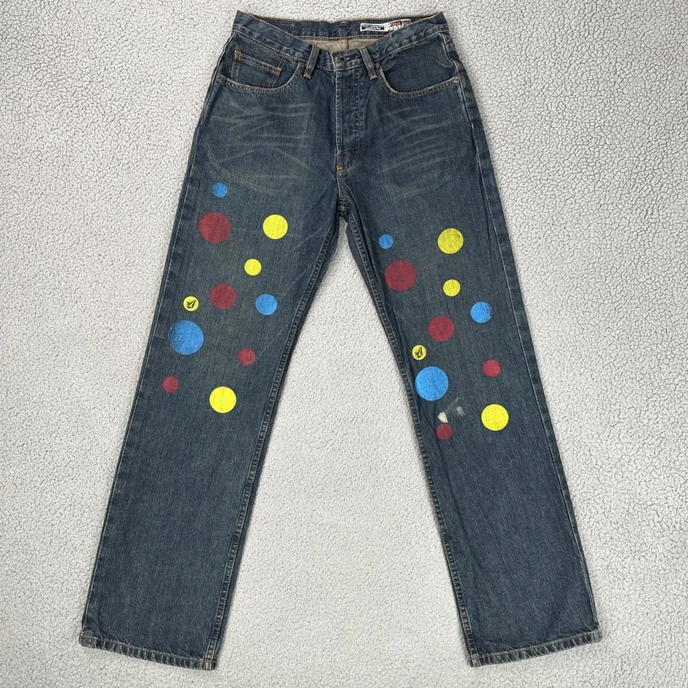 VTG Y2K Volcom Black Bart Button Fly Jeans Men 30x32 Blue Straight Leg Painted
